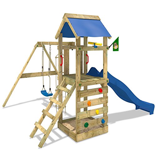 WICKEY FreeFlyer Spielturm Kletterturm mit Rutsche Schaukel Sandkasten + Zubehör-Komplettset (blaue Rutsche / blaue Dachplane) - 1